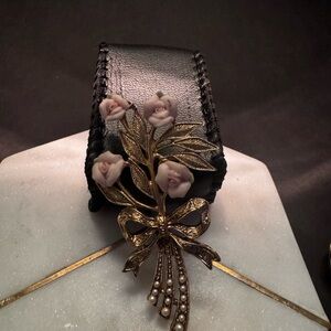 Gold and Pink Floral Bow Brooch